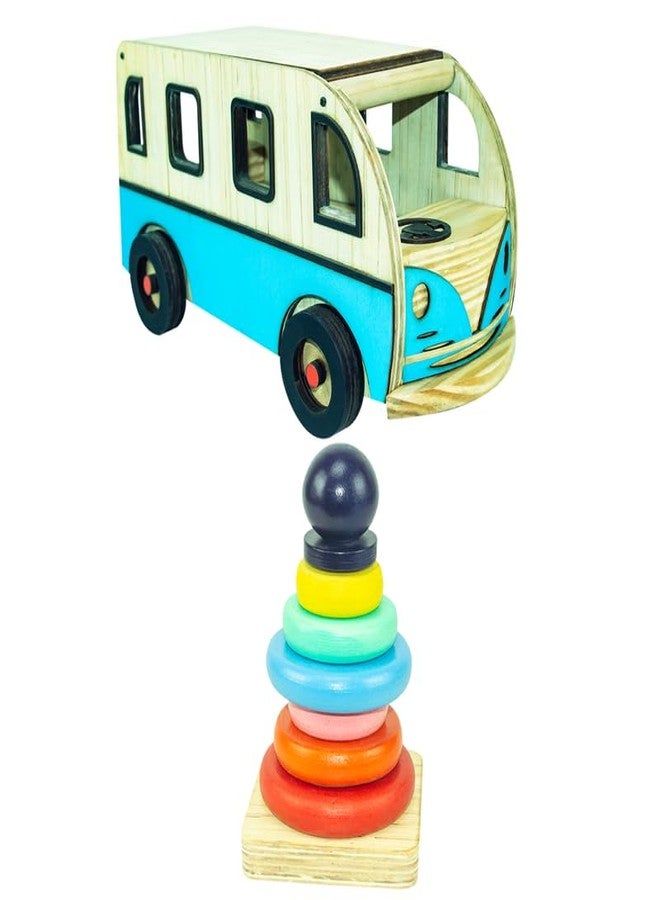 Techny Birds Technybirds Wooden Toy Bus and Wooden Rainbow Stacker Combo | Educational Toys for Kids | Montessori Learning | Color Recognition Toys | Fine Motor Skills Development - Image 1